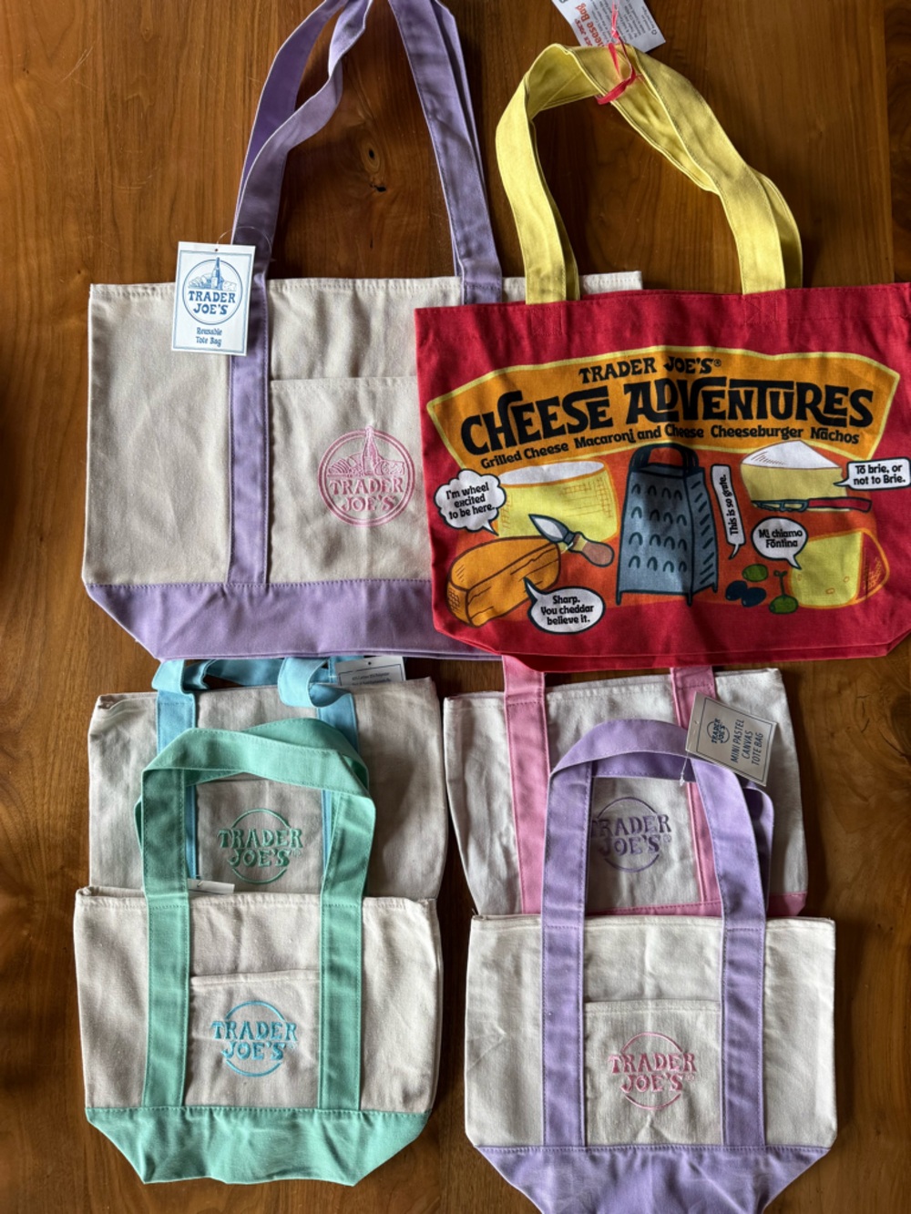 1 LARGE Lavender Trader Joe’s Canvas Tote Bag + 4 Mini Pastel Bag + 1 Cheese Bag